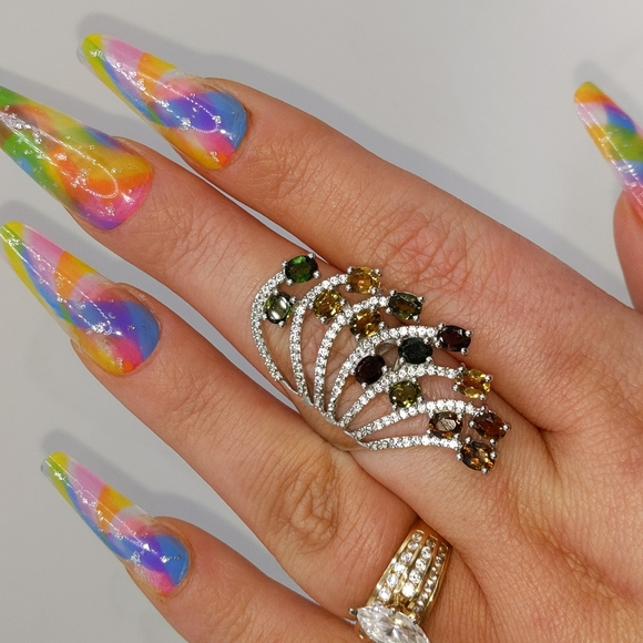 Multi-colored Tourmaline Gemstone Fan Design Ring Sterling Silver - Picture 6 of 14